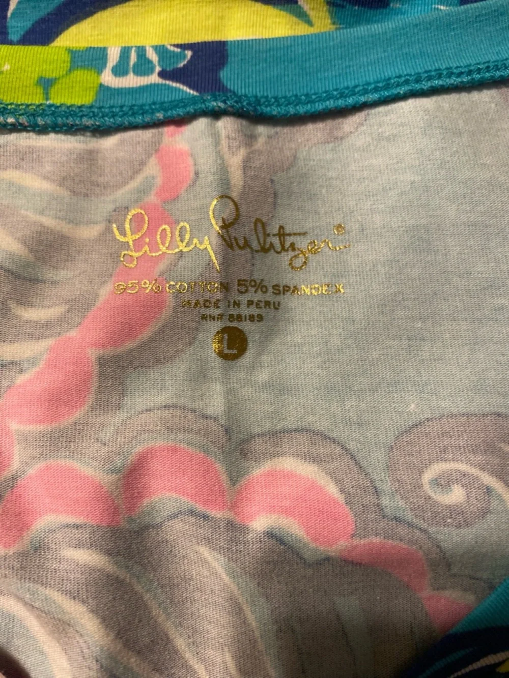 Lilly Pulitzer Teal Top with Pink, Lime & Navy Swirl Print, Size L - Picture 4 of 4